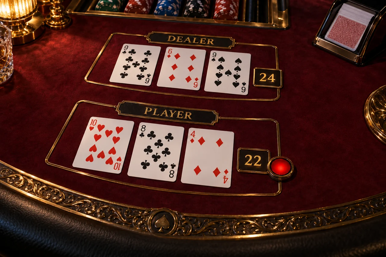 Blackjack စားပွဲပေါ်တွင် player 10၊8၊4 စုစုပေါင်း22 နှင့် dealer 9၊6၊9 စုစုပေါင်း24 ကိုပြထားသော စိတ်ကူးနမူနာ။